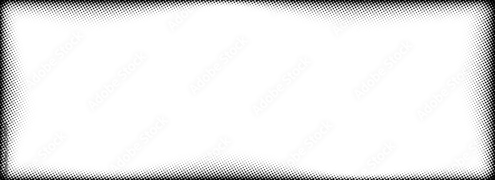 Poster halftone rectangle grain frame. black comic dotted wavy border. pop art fading gradient framing back