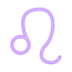 A vibrant neon illustration of the Leo zodiac symbol glowing in purple, representing astrology, confidence, leadership, and fire sign energy