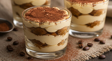Classic Italian Tiramisu in Glass with Cocoa Powder and Coffee Beans
