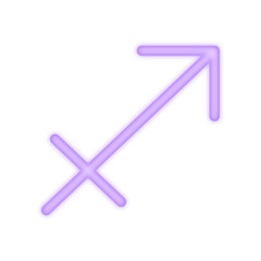 A vibrant neon illustration of the Sagittarius zodiac symbol glowing in purple, representing astrology, adventure, independence, and the fire sign energy