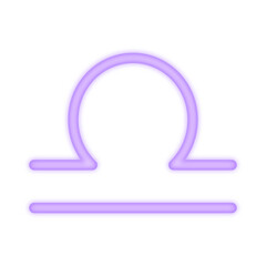A radiant neon illustration of the Libra zodiac symbol glowing in purple, representing astrology, balance, harmony, justice, and the air sign energy