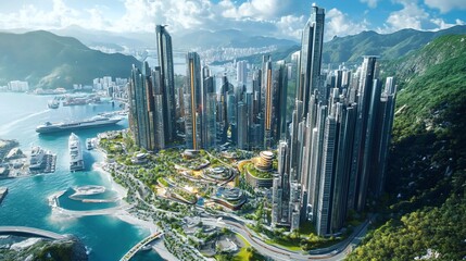 Futuristic cityscape with towering skyscrapers and a beautiful green landscape on the coast