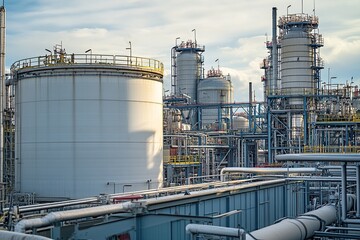 Obraz premium Industrial Refinery: Complex Structures and Pipelines Process Manufacturing under Cloudy Skies