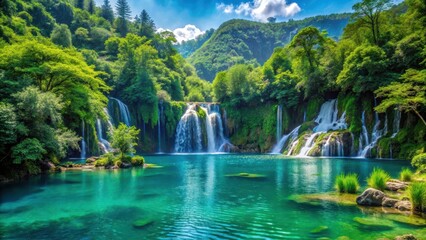Fototapeta premium Serene turquoise lake surrounded by dense foliage and majestic waterfalls cascading down lush green hills , picturesque scenery, cascading waterfalls