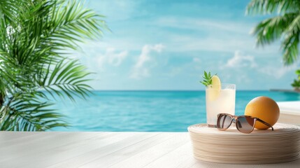 Obraz premium Refreshing cocktail on a beach table with ocean view.