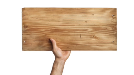 Hand holding empty wooden sign on transparent background