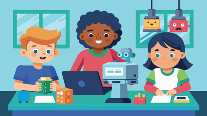 As part of a coding club elementary students use a 3D printer to create and print out their own custommade robot putting their programming skills to the test.. Vector illustration