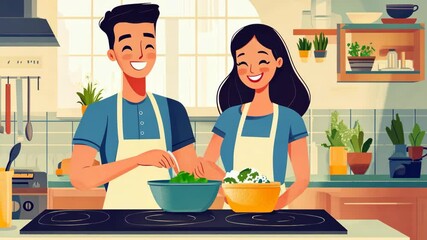 Happy couple cooking together in modern kitchen with fresh ingredients