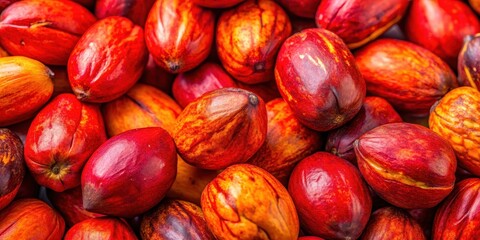 Obraz premium Close-up of vibrant red and orange kola nuts,,vibrant colors, vibrant colors, exotic nut