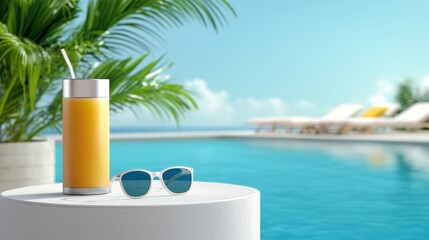 Refreshing drink and sunglasses by a serene poolside.