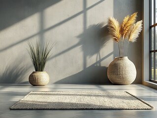 Soft Grey Concrete Background with Decorative Plants