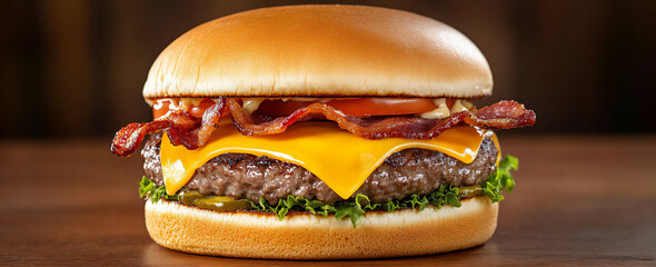 savory beef burger with cheese and bacon on a wooden table,