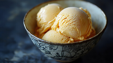 Creamy Hachiya Persimmon Ice Cream in Antique Bowl with Elegant Floral Design