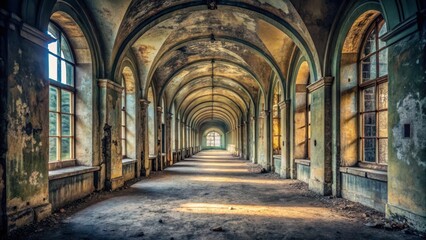 A long and empty corridor with a high ceiling, leading to an unknown destination, abandoned place