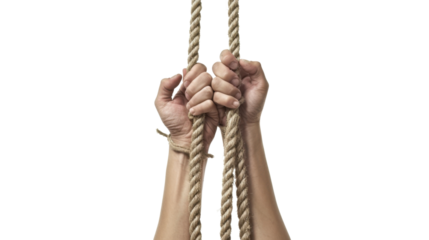 Hands gripping rope tightly on transparent background