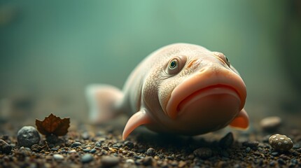 Obraz premium Albino Cavefish Portrait Close-up in Aquatic Habitat with Rocks and Leaf