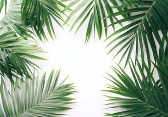 Obraz premium Lush Green Palm Leaves Forming a Natural Frame on a White Background Ideal for Tropical Themes and Summer Decoration Concepts