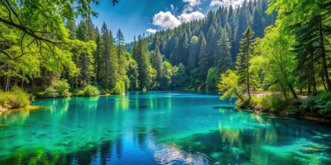 Serene turquoise lake nestled among lush green forest foliage, surrounded by tall trees and vibrant foliage, clear turquoise lake, natural beauty