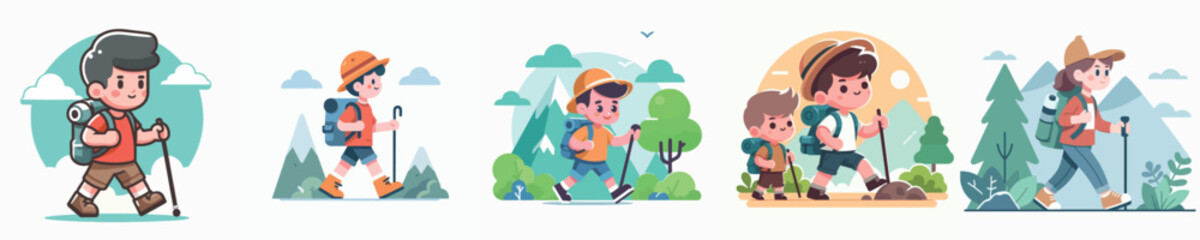 Hiking Kids Vector Set Image