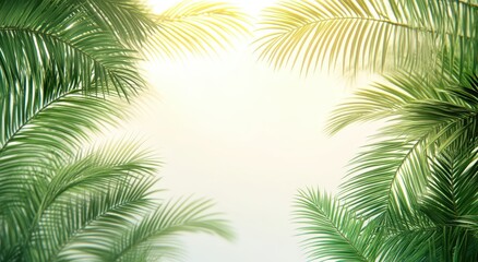 Lush Green Palm Leaves Framing Bright Tropical Background with Soft Light for Summer Vibes and Relaxation Atmosphere in Nature Photography