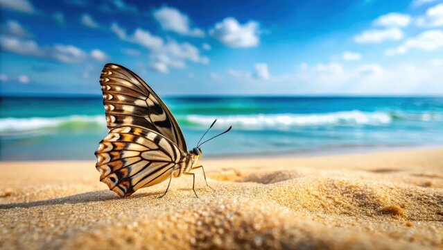 Exotic butterfly Prepona Laerte perched on warm sand with gentle ocean breeze, tropical, insect,  tropical, insect, beauty