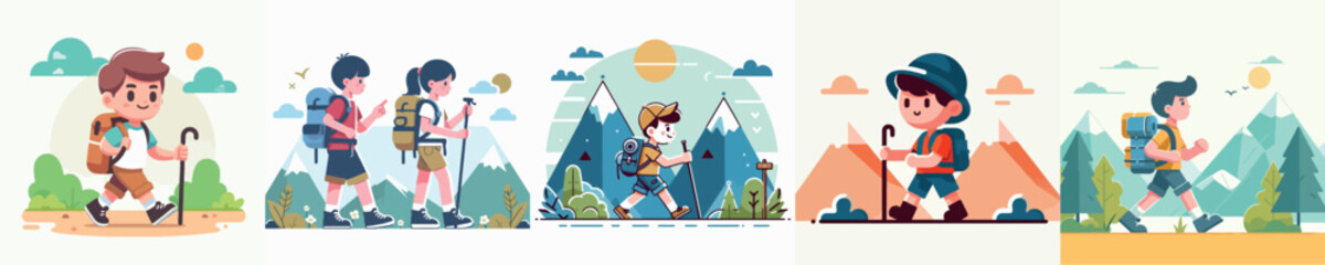 Fototapeta premium Hiking Kids Vector Set Image