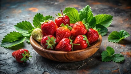 Vibrant still life arrangement of juicy strawberries surrounded by lush green leaves and stems in a shallow wooden bowl on a rustic stone table , strawberries, still life