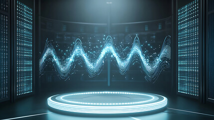 Dynamic waveform visualization in futuristic data center digital art sci-fi environment wide angle view