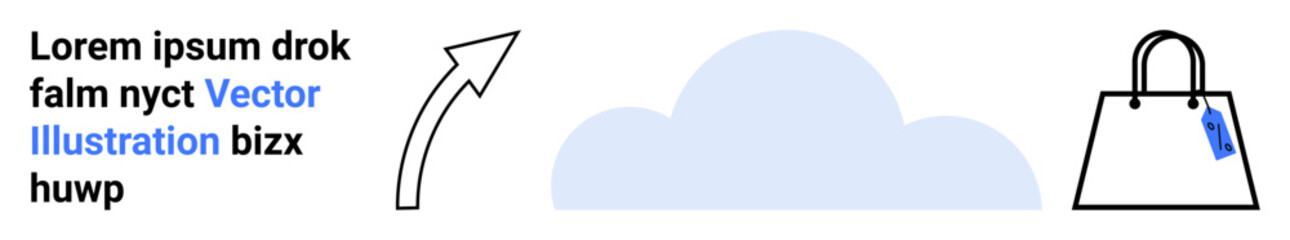 Blue cloud next to upward arrow and shopping bag with tag symbolizing online storage, shopping, growth, e-commerce, cloud technology, data transfer, and innovation. Ideal for web design, apps