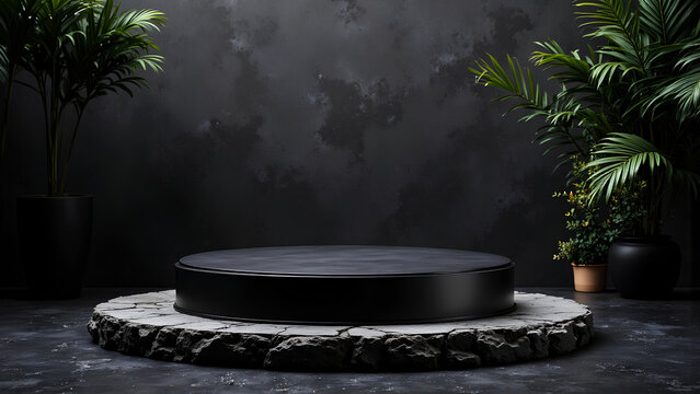 modern display platform surrounded by lush greenery, featuring sleek black circular base on stone pedestal, set against textured dark wall. scene conveys elegance and sophistication