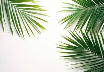 Obraz premium Lush Green Palm Leaves on White Background Perfect for Summer Decor, Invitations, Events, and Tropical Themes in Photography and Design Projects