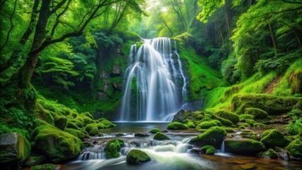 Obraz premium waterfall cascading through lush green forest scenery, water flow, forest floor, water flow, forest floor