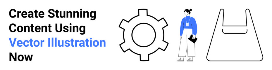 Gear, professional woman with folder, and outline bag highlighting productivity, technology, and efficiency. Ideal for business, design, collaboration, content creation management workflow flat