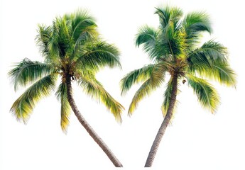 Lush Green Palm Trees Against Bright White Background, Tropical Vibe, Vibrant Nature Scene, Ideal for Vacation and Travel Themes, Summer Aesthetic, Relaxation