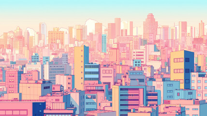 Obraz premium 黄金色に輝く夕日とシティポップ風の摩天楼｜ネオンカラーが映える近未来都市の幻想的なスカイライン｜ピンクと紫のグラデーションに包まれた都市風景｜サイバーパンク調の未来的な建築群