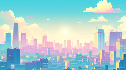 Fototapeta premium ピンクとブルーのグラデーションが美しい夕焼けの都市風景｜シティポップ風のレトロモダンな高層ビル群｜SFアニメのような未来都市の幻想的な夜景｜ノスタルジックな80年代スタイルの都会の夕暮れ