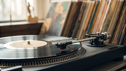 Close-up of a vinyl record spinning on a turntable, symbolizing music collection and nostalgia, with blurred album covers in the background. Music and retro concept.