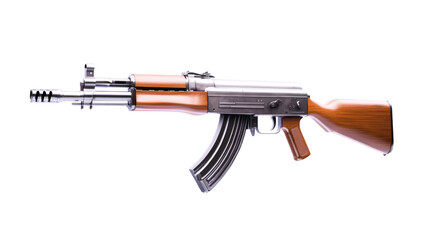 Detailed Image of an Automatic Rifle with Wooden Stock and Metal Accents, Isolated