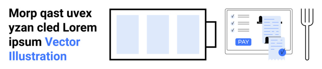 Battery icon with energy bars, payment terminal with bill receipt and pay button, and fork symbol. Ideal for technology, digital transactions, energy usage, financial systems, e-commerce, efficiency