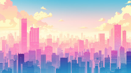 Fototapeta premium ネオンピンクとゴールドに染まる近未来都市の幻想的な夕景｜80年代レトロフューチャー風のシティスケープ｜サイバーパンクな高層ビル群｜美しいサンセットが映し出す都市のシルエット｜パステルカラーの幻想的な空