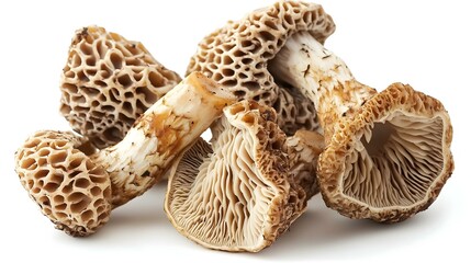 Morel mushrooms on white background macro