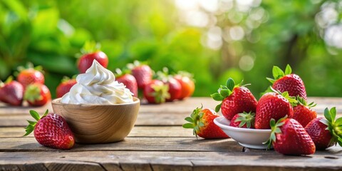 Fresh strawberries and whipped cream on a wooden table, strawberries, outdoor dining, strawberries