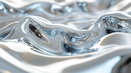 Smooth reflective silver liquid waves with blurred background details