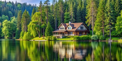 Fototapeta premium Panoramic lakefront house with lush greenery and tall trees surrounding it