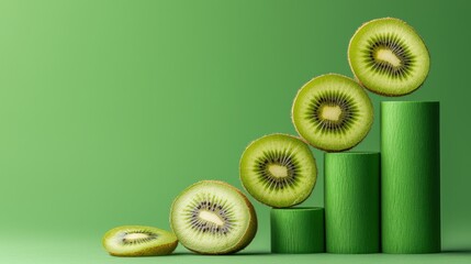 A green background with a series of green cylinders and a sliced kiwi on top