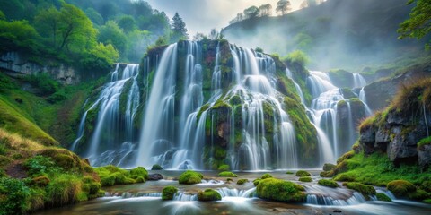 Fototapeta premium Waterfalls cascade down Toplita mountain in Transylvania, creating misty veils and serene atmosphere, topolta