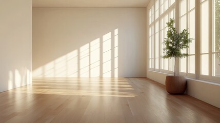 Fototapeta premium A 3D-rendered Scandinavian-inspired interior with a white wall and wood floor creates a welcoming, minimalist ambiance.