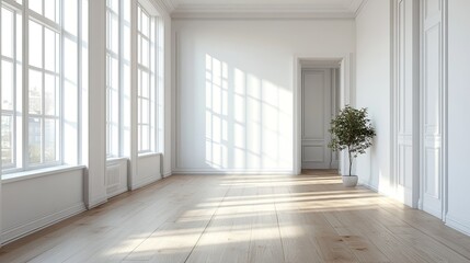 Obraz premium A 3D-rendered Scandinavian-inspired interior with a white wall and wood floor creates a welcoming, minimalist ambiance. -