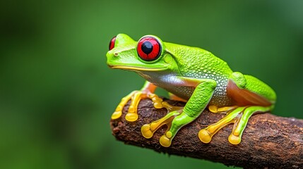 Obraz premium A vibrant green frog with striking red eyes perched on a branch