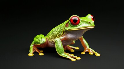 Obraz premium A vibrant green frog with striking red eyes on a black background